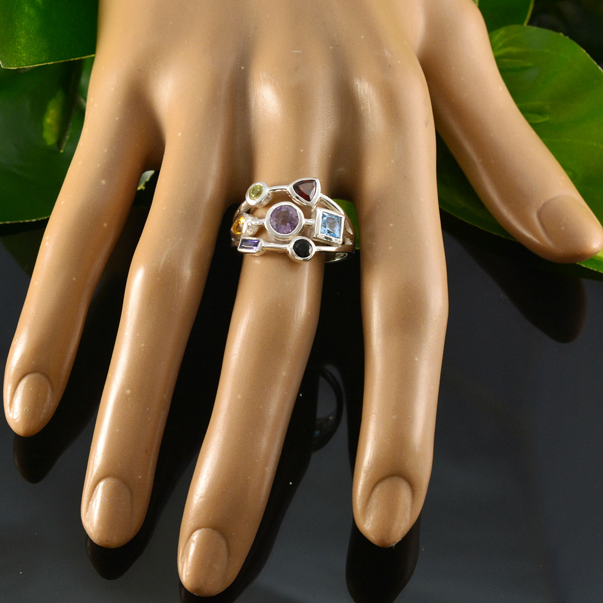 Multi Stone Hepta Indian 925 Sterling Silver multicolor Gemstones Featherlight Contemporary Ring Jewellery