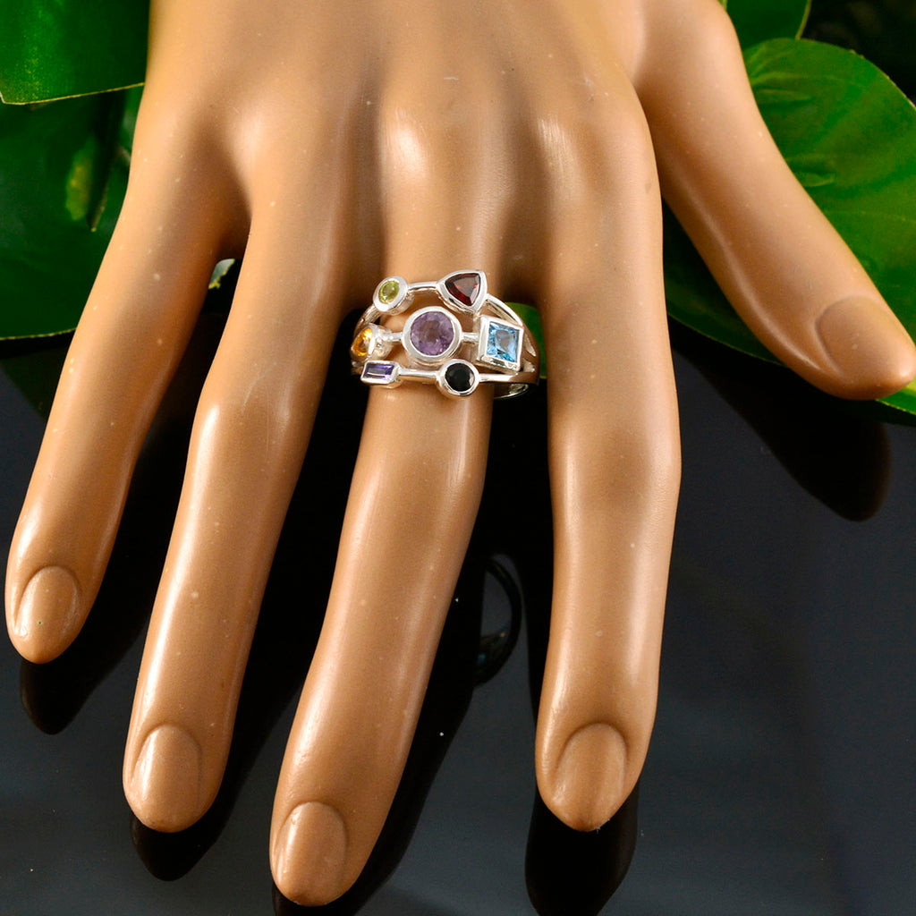 Multi Stone Hepta Indian 925 Sterling Silver multicolor Gemstones Featherlight Contemporary Ring Jewellery
