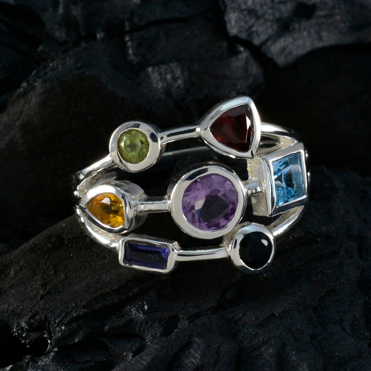 Multi Stone Hepta Indian 925 Sterling Silver multicolor Gemstones Featherlight Contemporary Ring Jewellery
