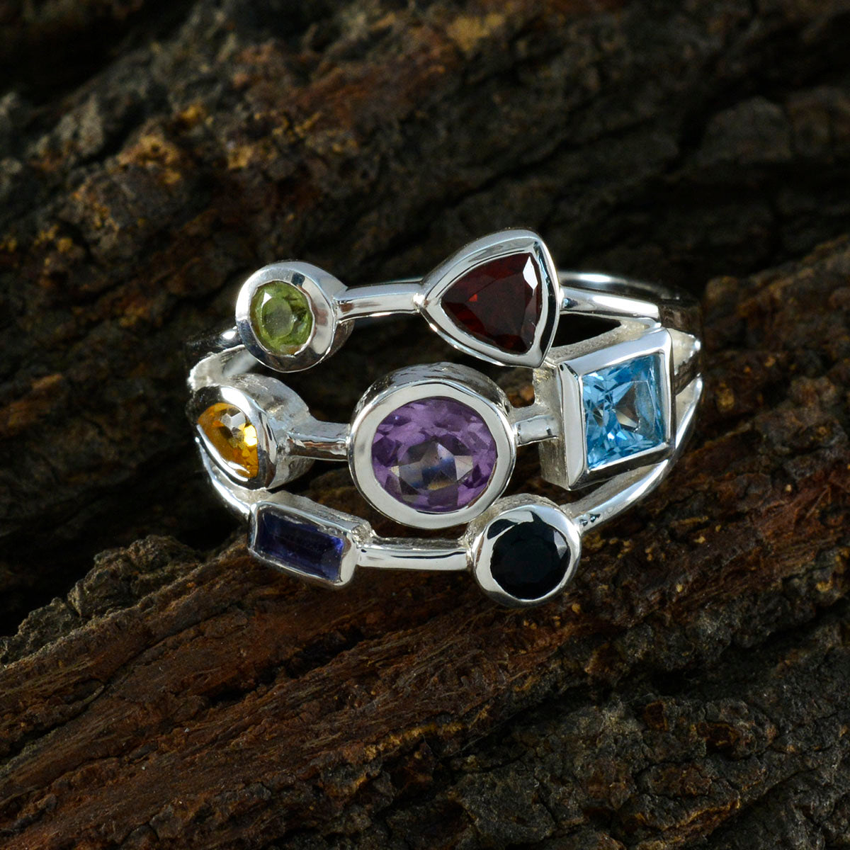 Multi Stone Hepta Indian 925 Sterling Silver multicolor Gemstones Featherlight Contemporary Ring Jewellery