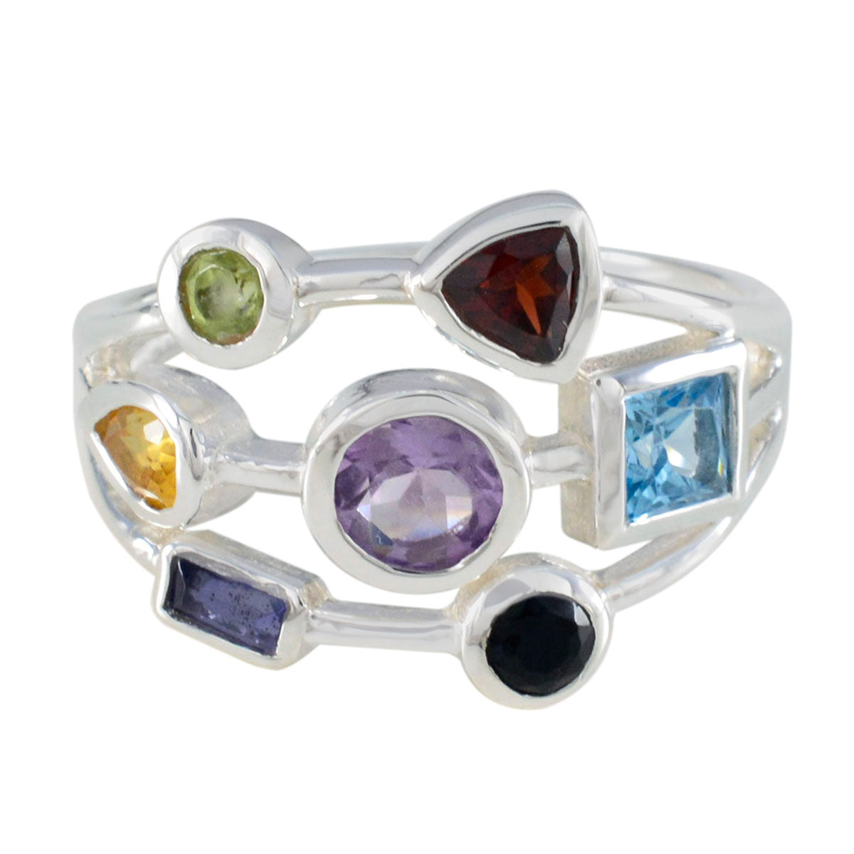 Multi Stone Hepta Indian 925 Sterling Silver multicolor Gemstones Featherlight Contemporary Ring Jewellery Immagine principale del prodotto