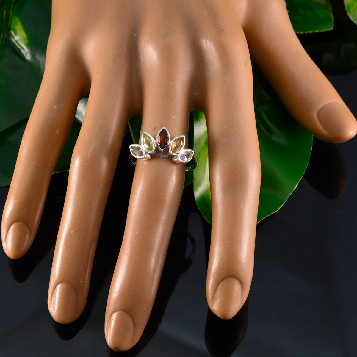 Multi Stone Penta Turkish Sterling Silver multicolor Gemstones Delicate crown Ring Jewellery