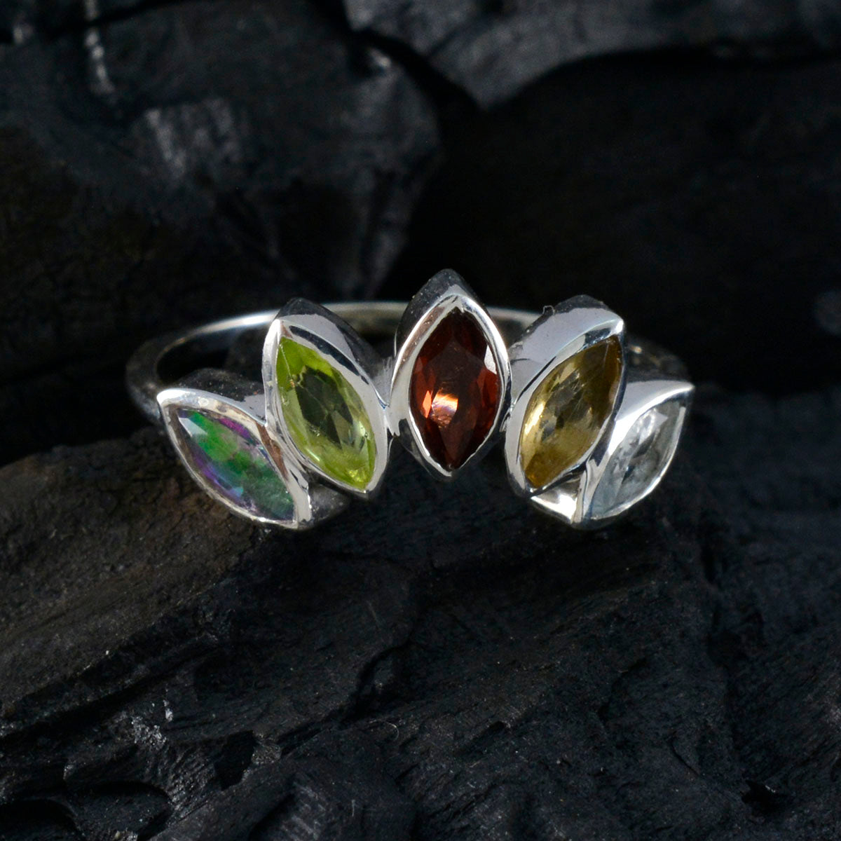 Multi Stone Penta Turkish Sterling Silver multicolor Gemstones Delicate crown Ring Jewellery