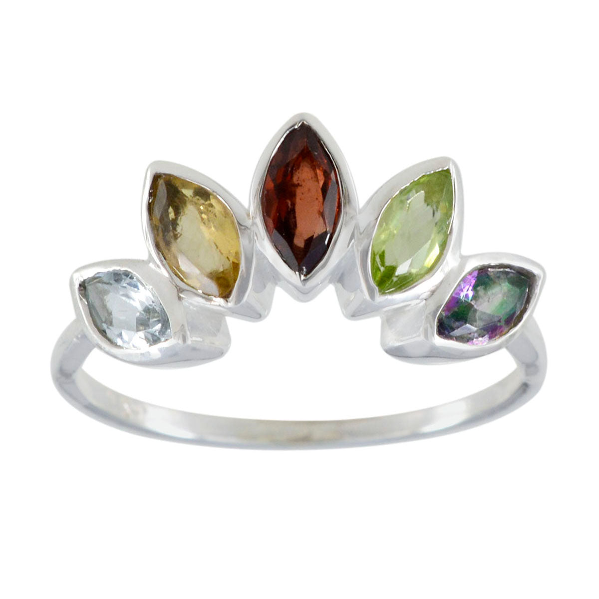 Multi Stone Penta Turkish Sterling Silver multicolor Gemstones Delicate crown Ring Jewellery メイン画像