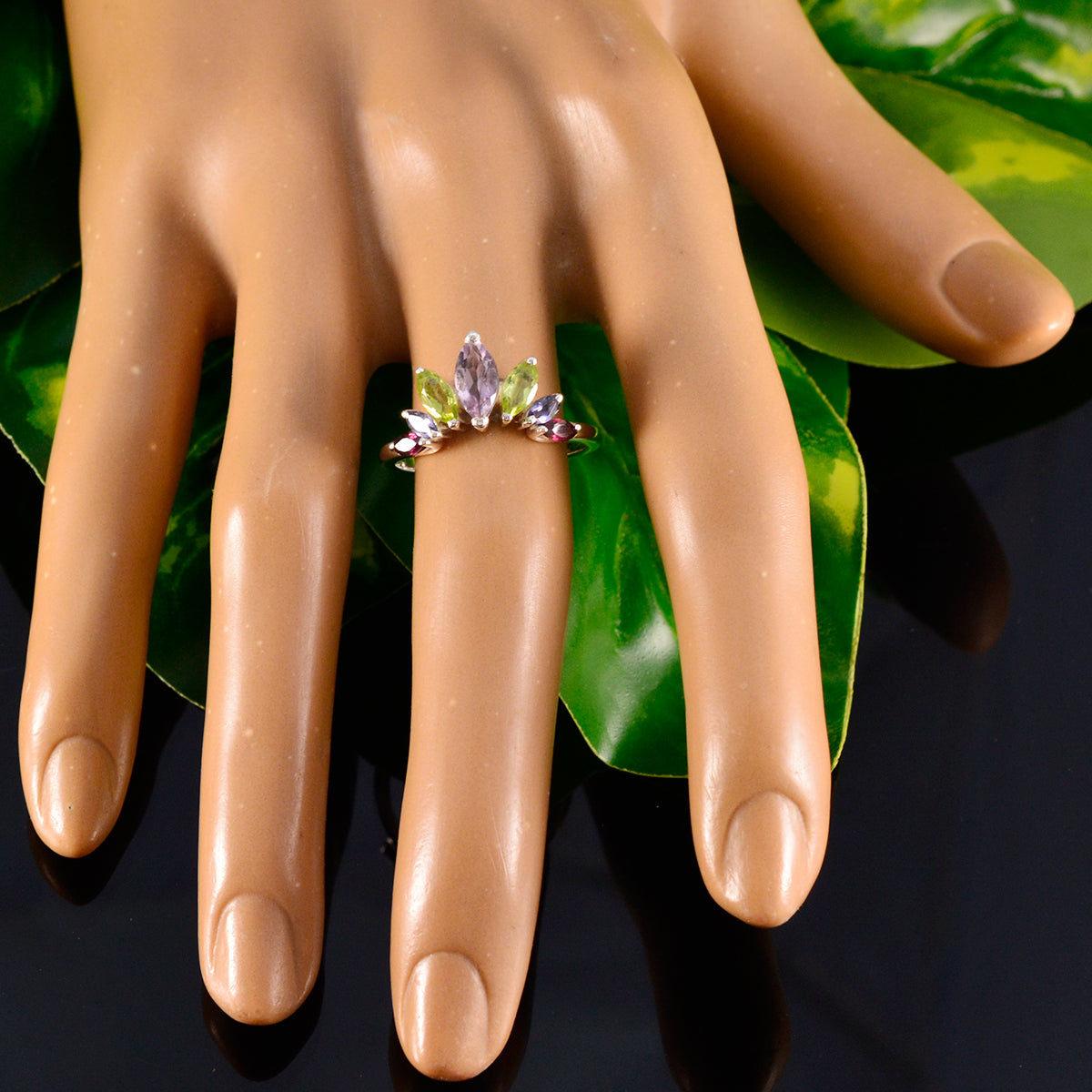 Multi Stone Hepta American 925 Silver multicolor Gemstone Dainty crown Ring Jewelry