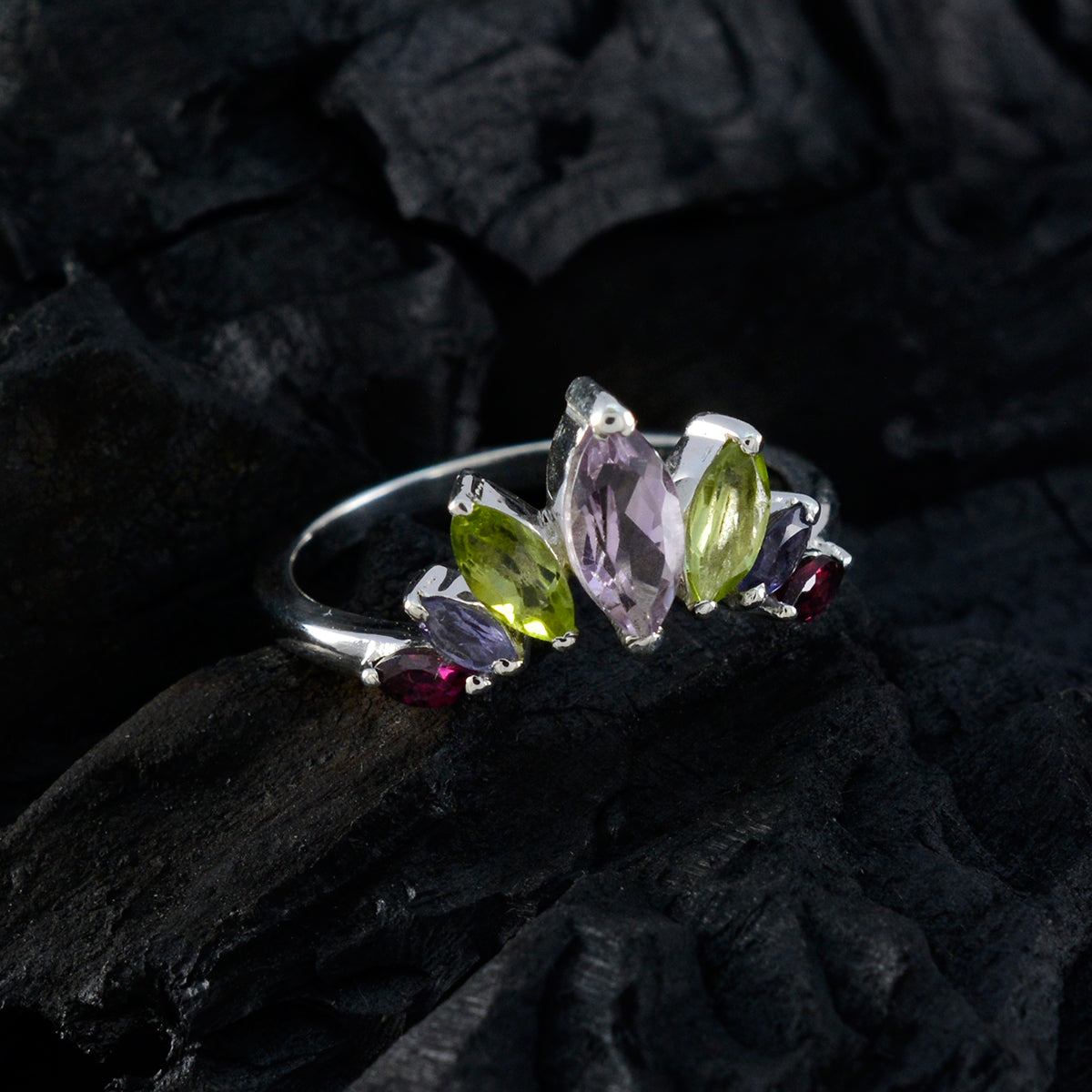 Multi Stone Hepta American 925 Silver multicolor Gemstone Dainty crown Ring Jewelry