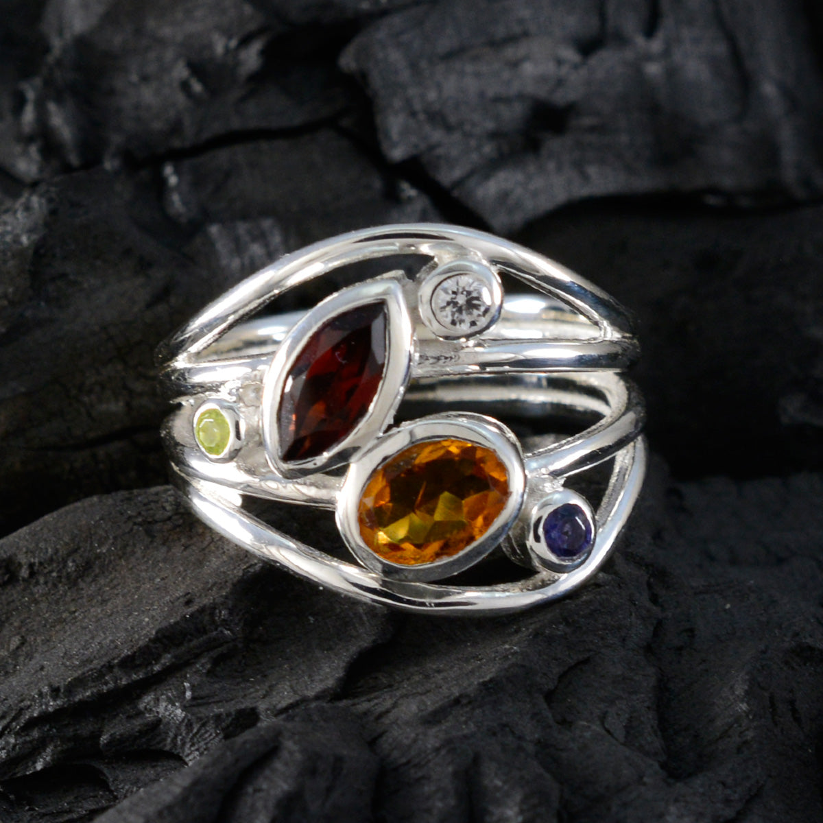 Multi Stone Penta Russian 925 Sterling Silver multicolor Gemstones Eye catching Contemporary Ring Jewelry