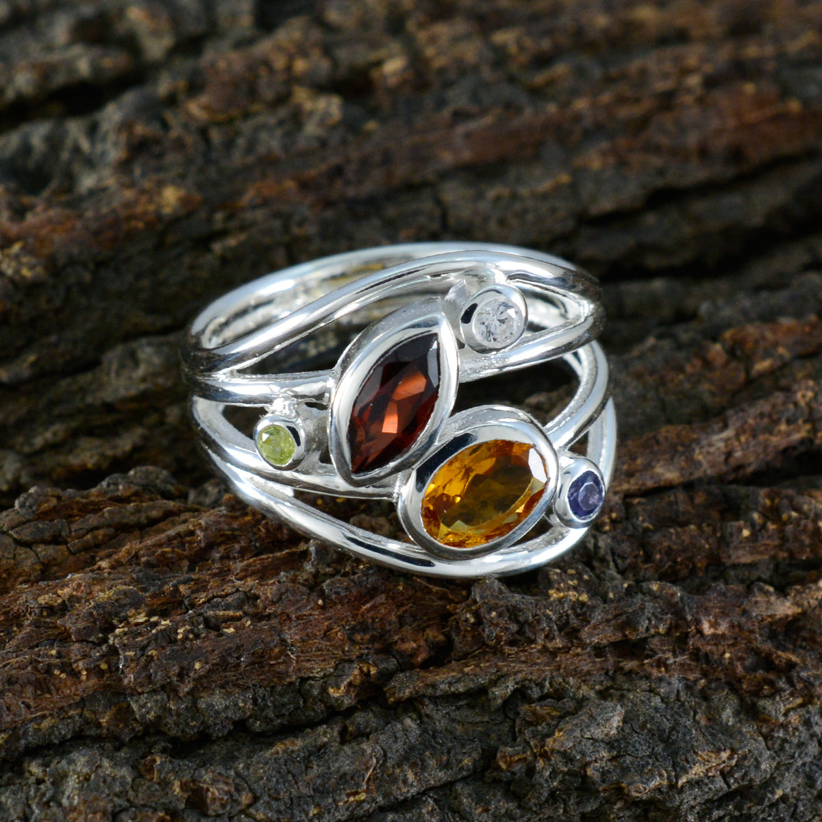 Multi Stone Penta Russian 925 Sterling Silver multicolor Gemstones Eye catching Contemporary Ring Jewelry