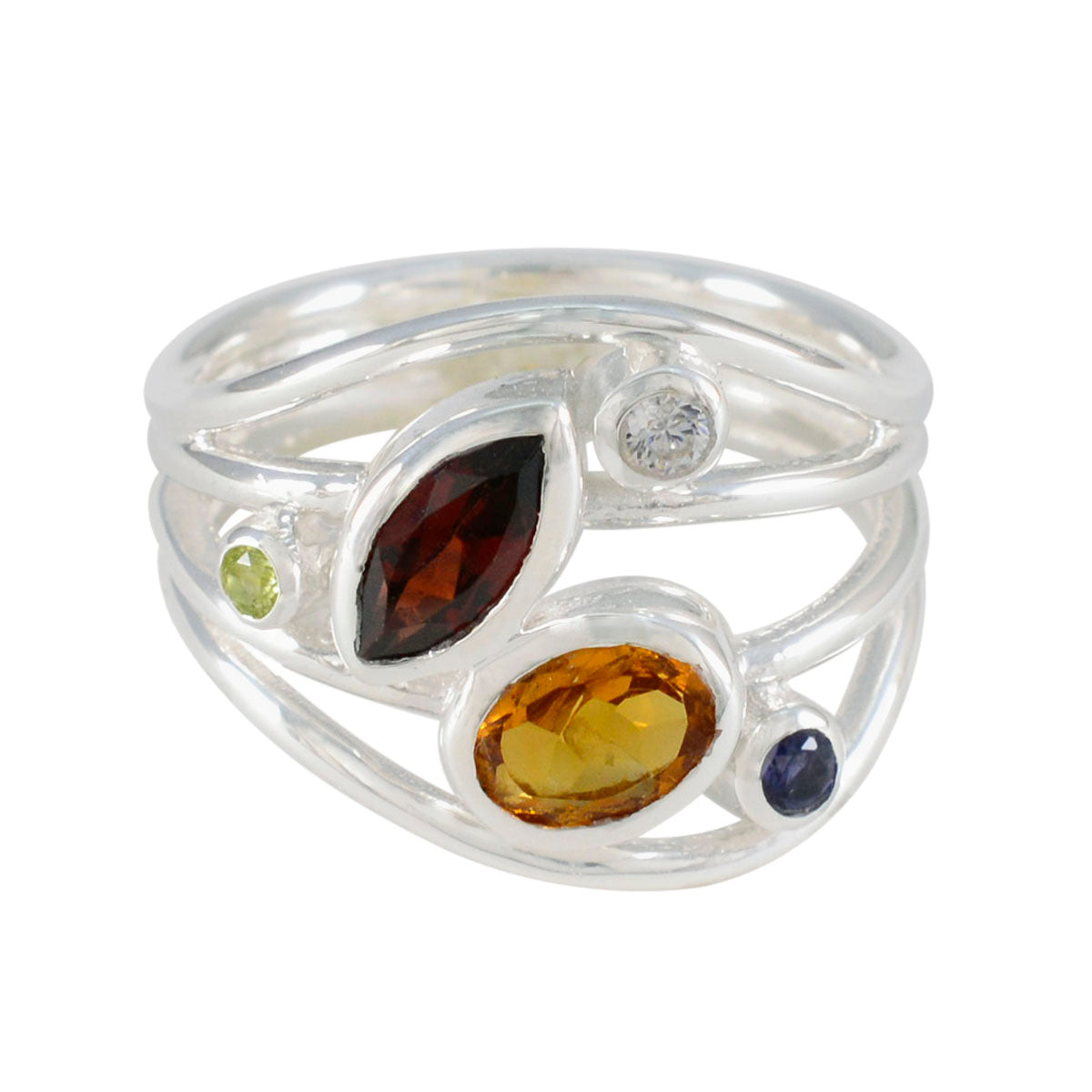 Multi Stone Penta Russian 925 Sterling Silver multicolor Gemstones Eye catching Contemporary Ring Jewelry