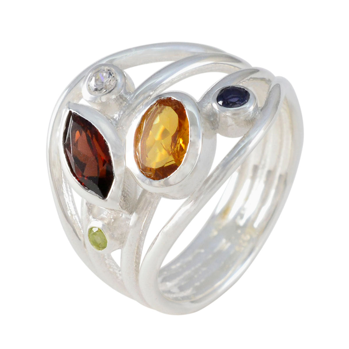 Multi Stone Penta Russian 925 Sterling Silver multicolor Gemstones Eye catching Contemporary Ring Jewelry