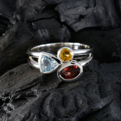 Multi Stone Trilogy Moroccan Silver multicolor Gems Minimal Trendy Ring Jewellery