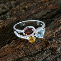 Multi Stone Trilogy Moroccan Silver multicolor Gems Minimal Trendy Ring Jewellery