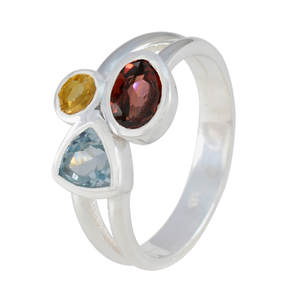 Multi Stone Trilogy Moroccan Silver multicolor Gems Minimal Trendy Ring Jewellery