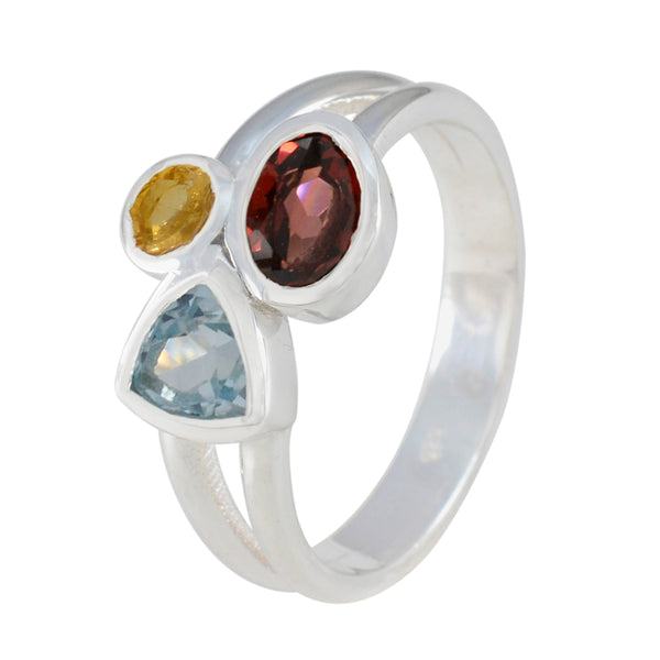 Multi Stone Trilogy Moroccan Silver multicolor Gems Minimal Trendy Ring Jewellery