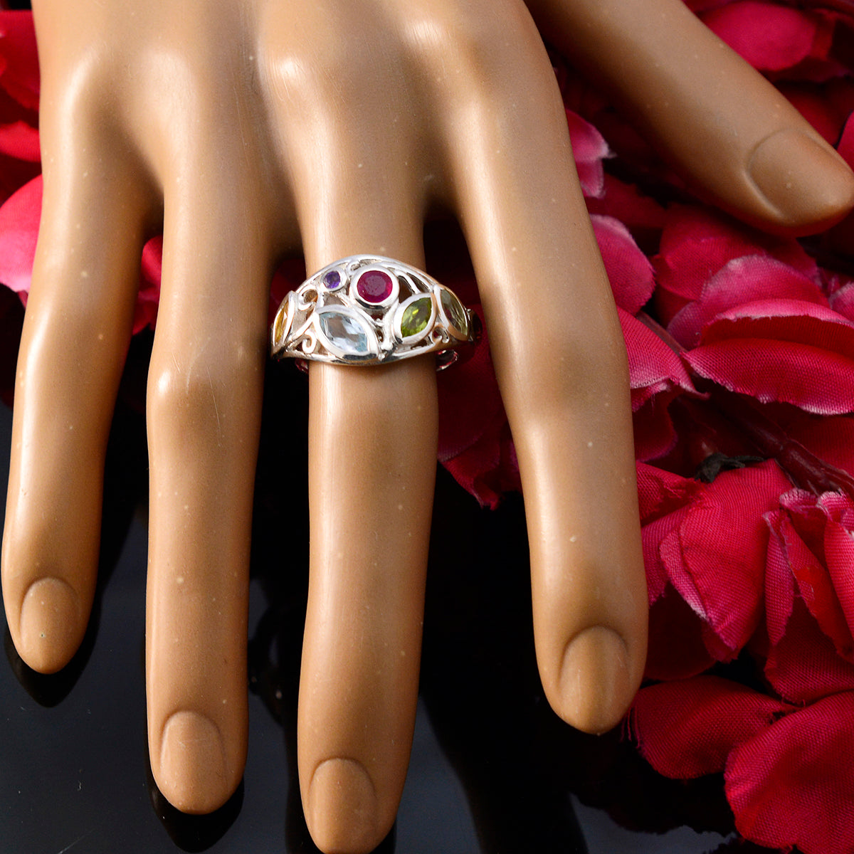 Multi Stone multiple Egyptian 92.5 Silver multicolor Gemstone Minimal Cocktail Ring Jewellery