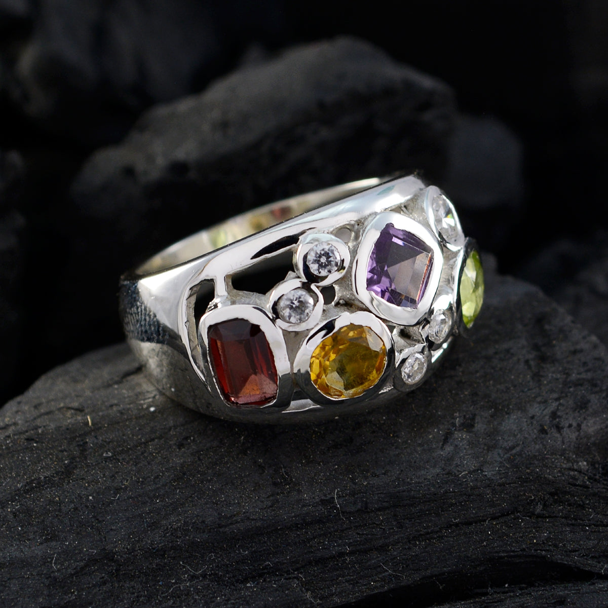 Multi Stone quarter Russian Silver multicolor Gemstones Eye catching Abstract Ring Jewelry