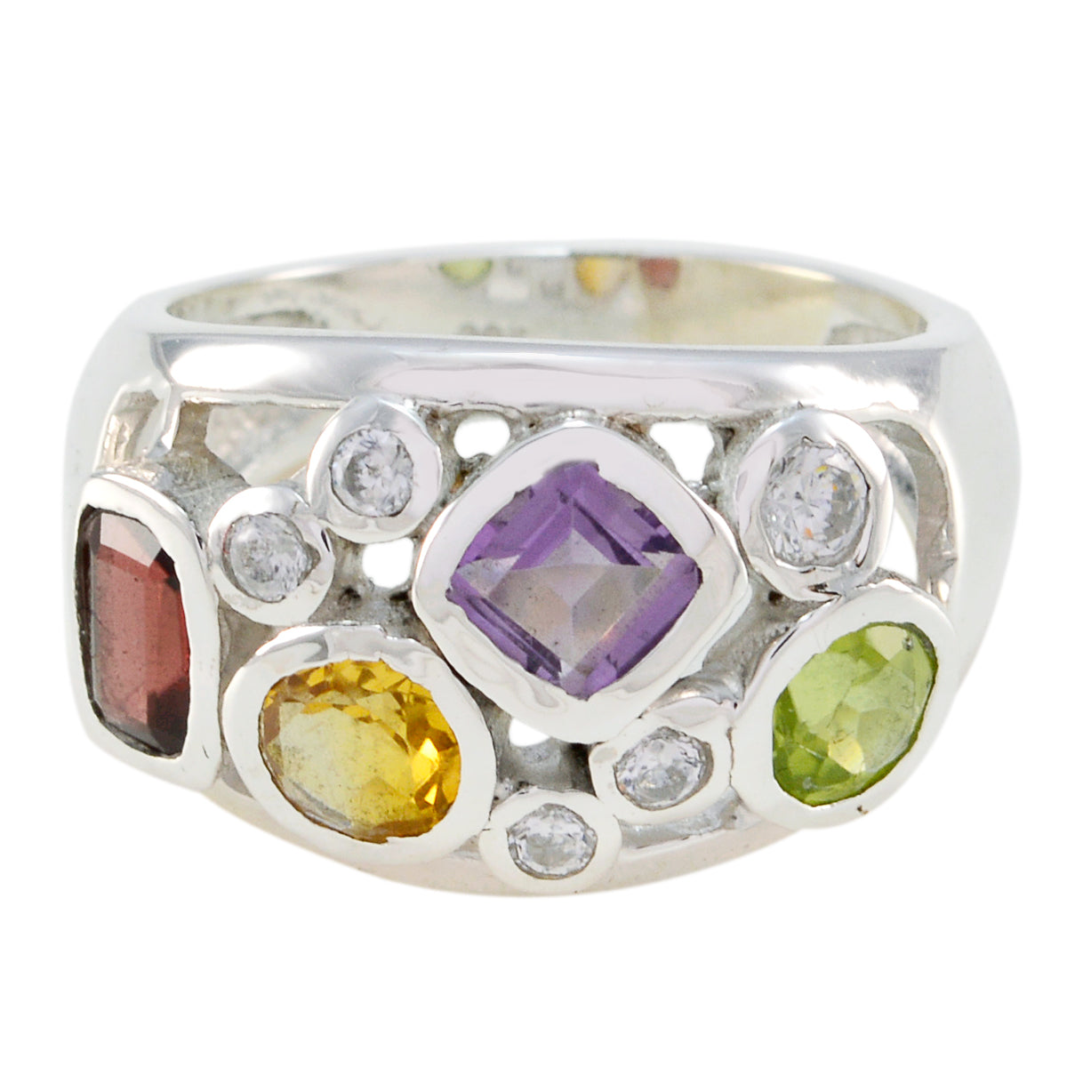 Multi Stone quarter Russian Silver multicolor Gemstones Eye catching Abstract Ring Jewelry Главное изображение товара