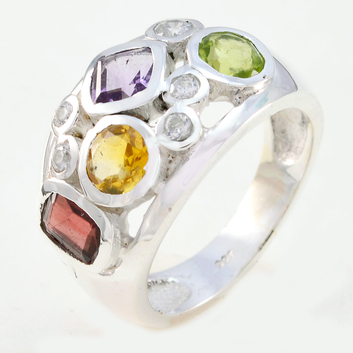 Multi Stone quarter Russian Silver multicolor Gemstones Eye catching Abstract Ring Jewelry