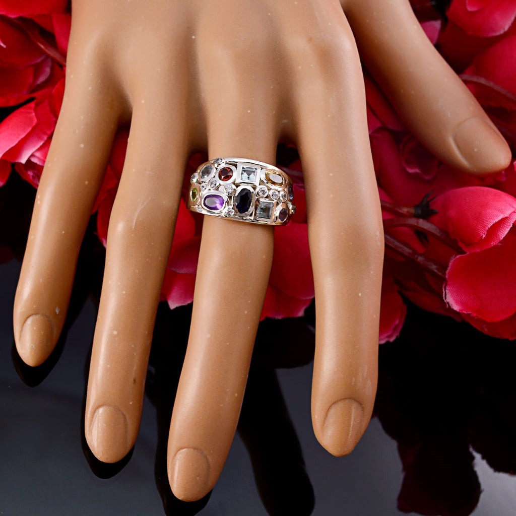 Multi Stone multiple Moroccan 925 Silver multicolor Gems Mid weight Contemporary Ring Jewelry