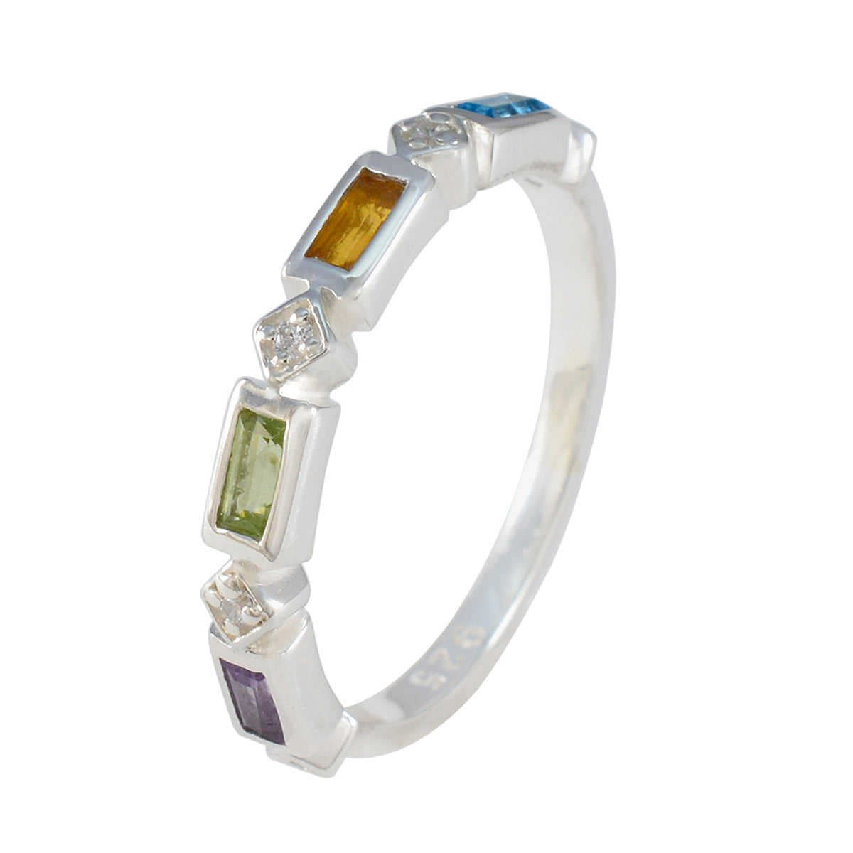 Anillo de plata 925 americana con piedras preciosas multicolores, delicado y moderno, con múltiples cuartos de piedra Imagen secundaria del producto