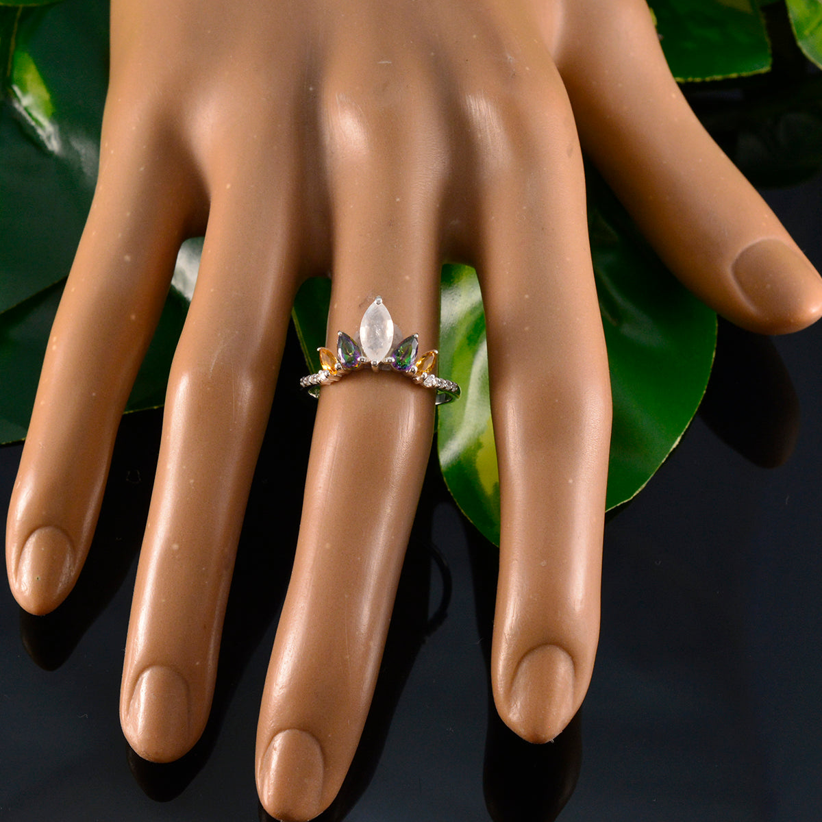 Multi Stone Penta Turkish 925 Silver multicolor Gemstones Elegant  crown Ring Jewelry