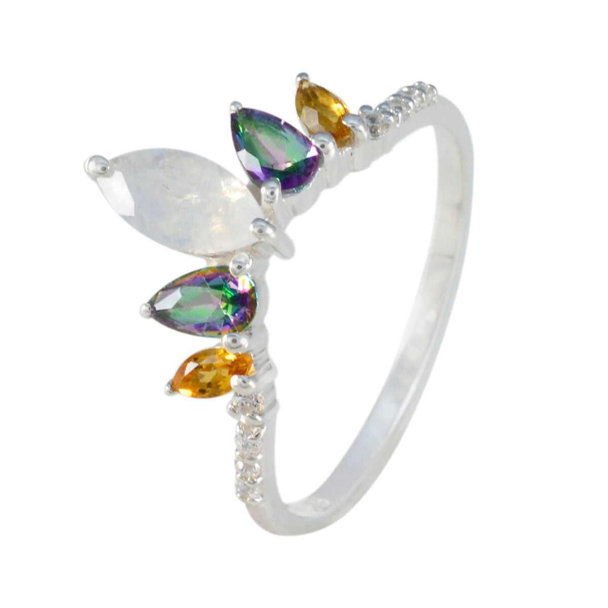 Multi Stone Penta Turkish 925 Silver multicolor Gemstones Elegant  crown Ring Jewelry