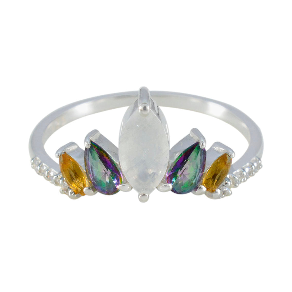 Multi Stone Penta Turkish 925 Silver multicolor Gemstones Elegant  crown Ring Jewelry