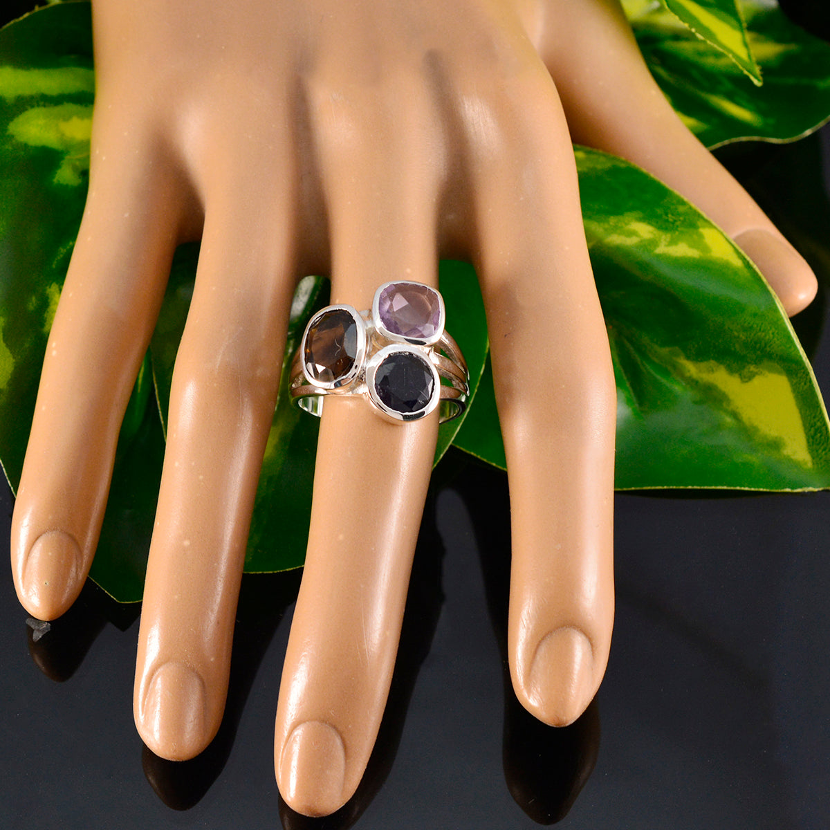 Multi Stone Trilogy Moroccan Sterling Silver multicolor Gems Eye catching Cocktail Ring Jewelry