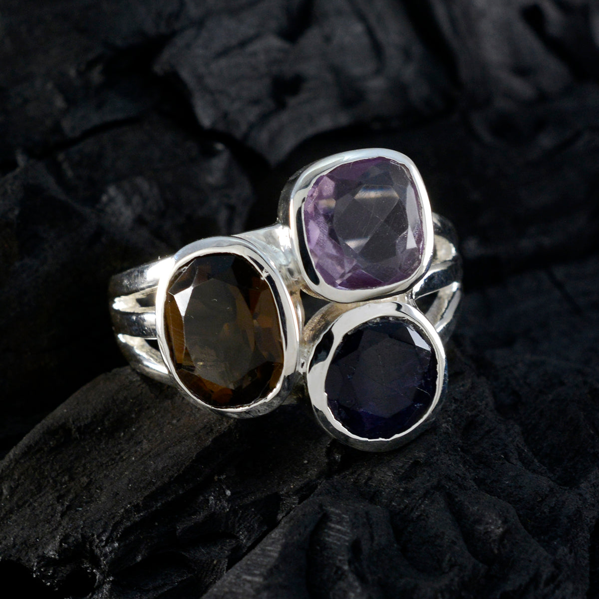 Multi Stone Trilogy Moroccan Sterling Silver multicolor Gems Eye catching Cocktail Ring Jewelry
