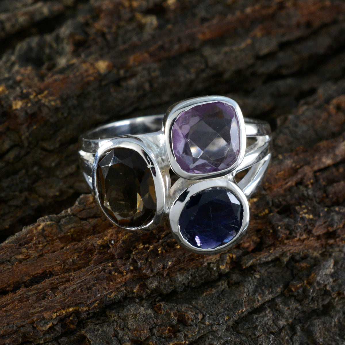 Multi Stone Trilogy Moroccan Sterling Silver multicolor Gems Eye catching Cocktail Ring Jewelry