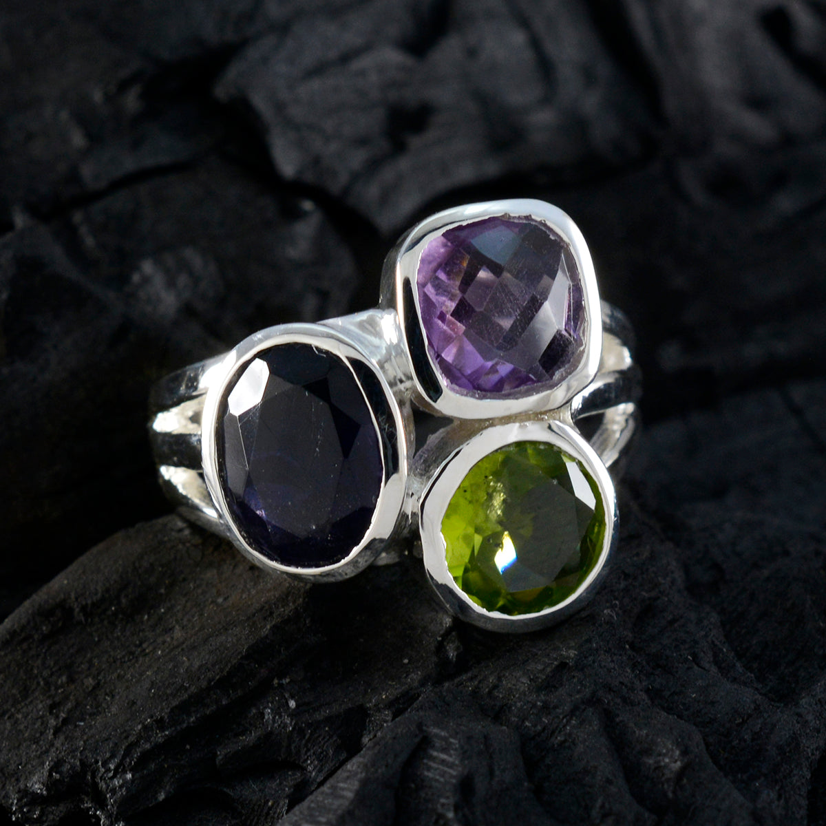 Multi Stone Trilogy Egyptian 925 Silver multicolor Gemstone Eye catching Cocktail Ring Jewellery