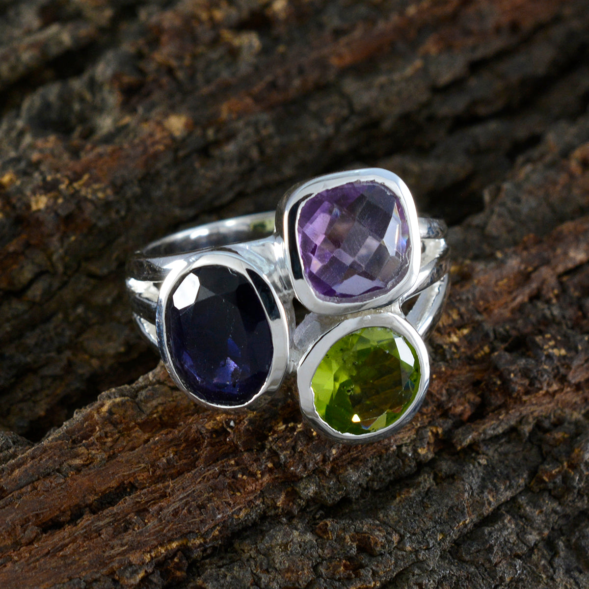 Multi Stone Trilogy Egyptian 925 Silver multicolor Gemstone Eye catching Cocktail Ring Jewellery