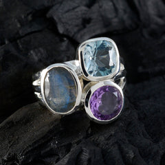 Multi Stone Trilogy French 92.5 Silver multicolor Gemstones Eye catching Cocktail Ring Jewelry