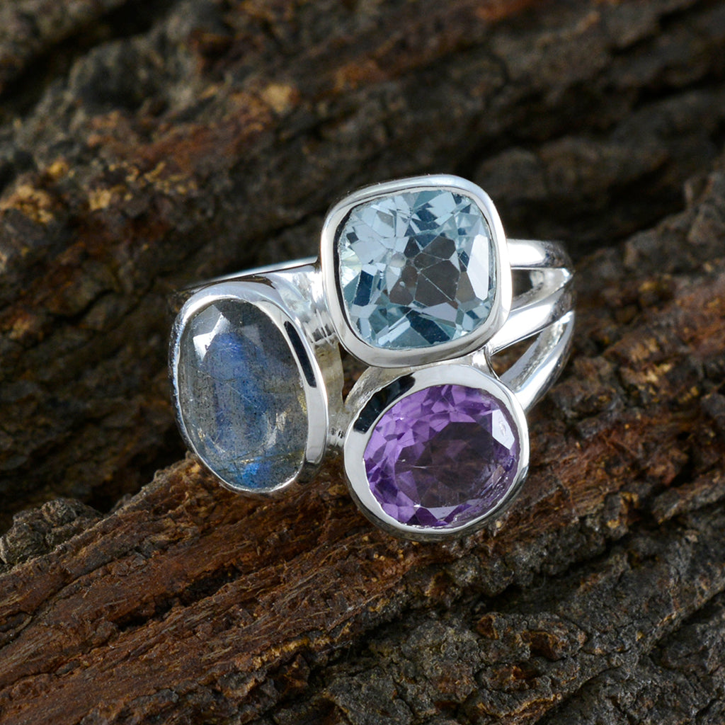Multi Stone Trilogy French 92.5 Silver multicolor Gemstones Eye catching Cocktail Ring Jewelry