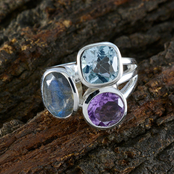 Multi Stone Trilogy French 92.5 Silver multicolor Gemstones Eye catching Cocktail Ring Jewelry