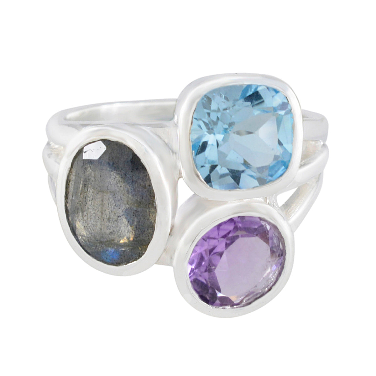 Multi Stone Trilogy French 92.5 Silver multicolor Gemstones Eye catching Cocktail Ring Jewelry Main image