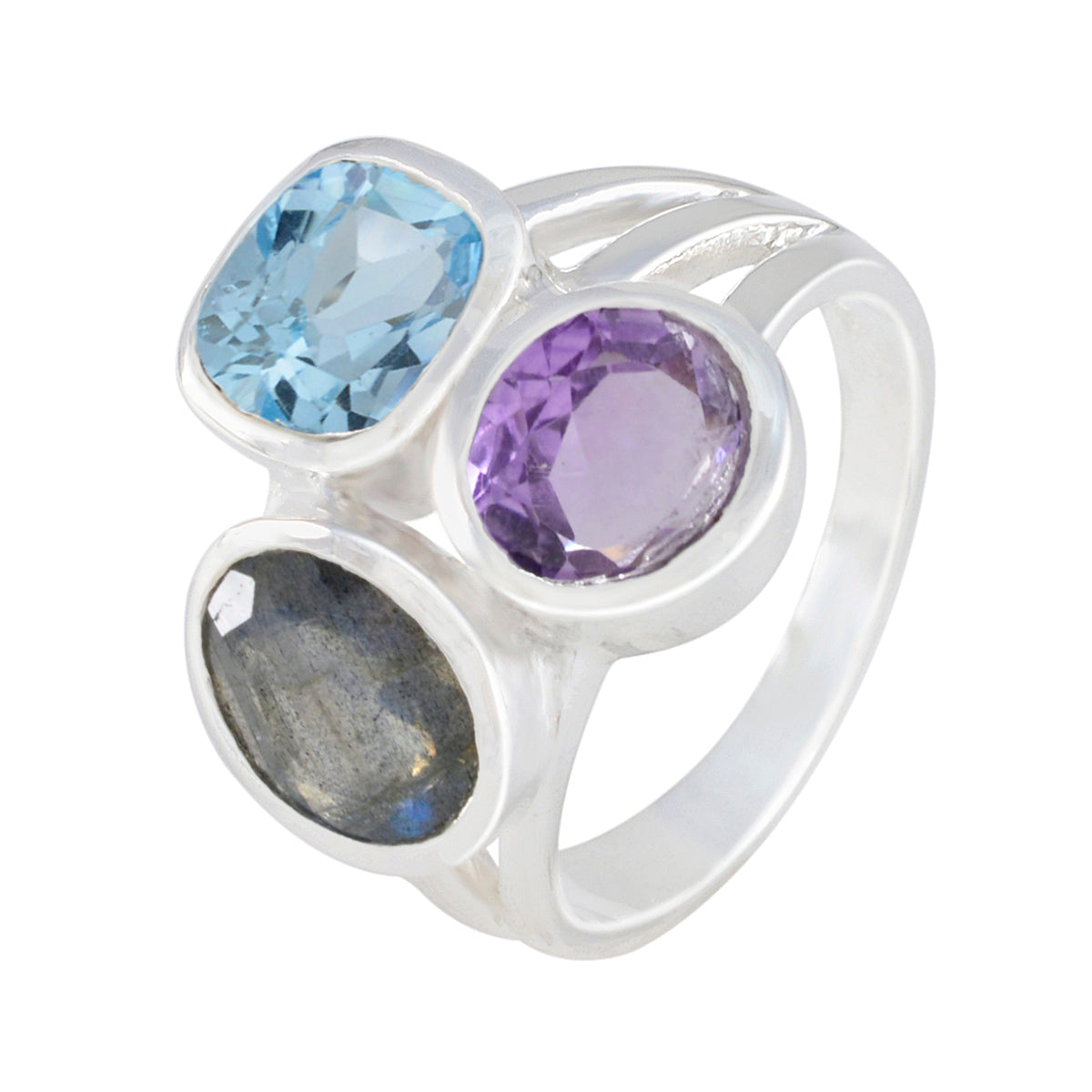 Multi Stone Trilogy French 92.5 Silver multicolor Gemstones Eye catching Cocktail Ring Jewelry