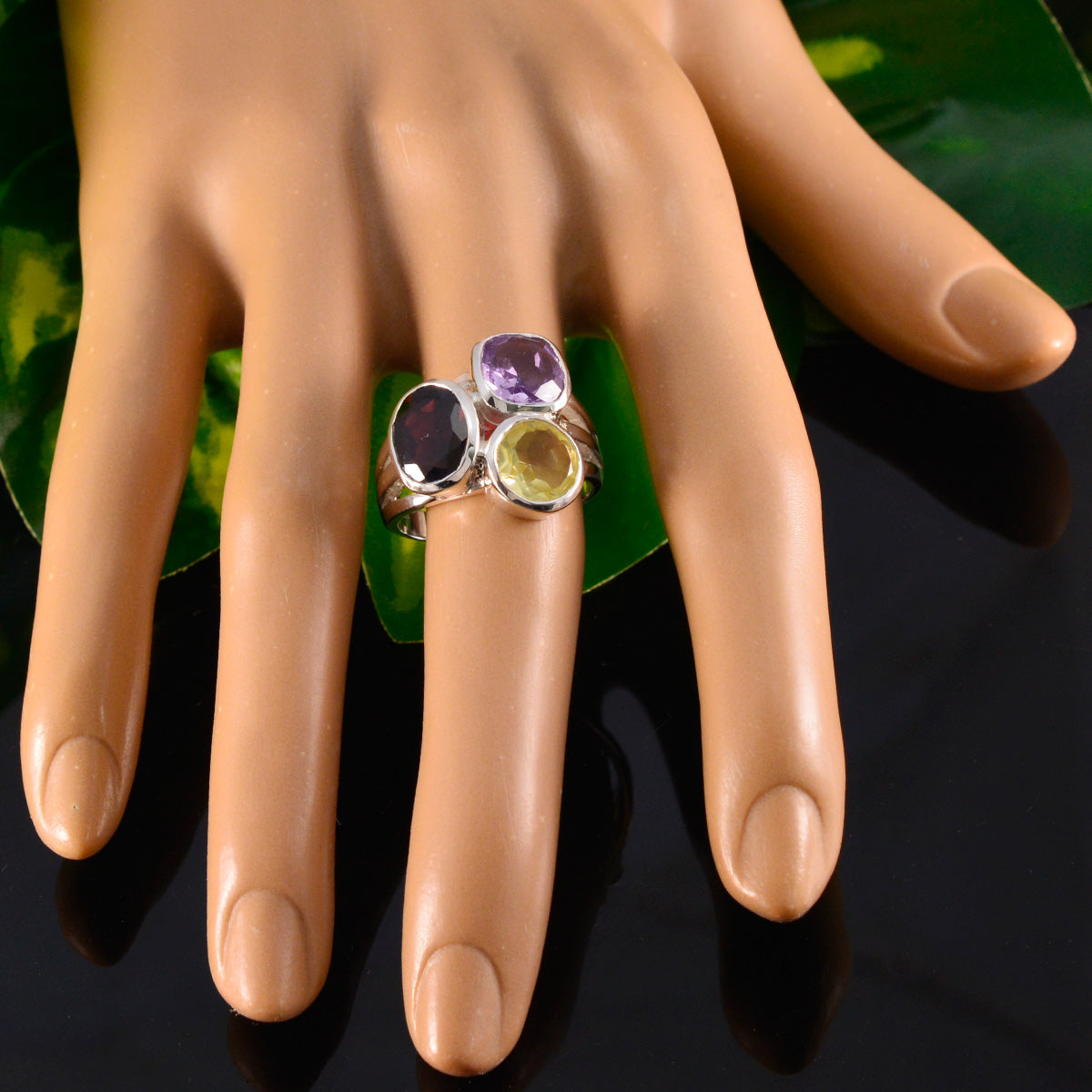Multi Stone Trilogy German 925 Sterling Silver multicolor Gems Eye catching Cocktail Ring Jewellery