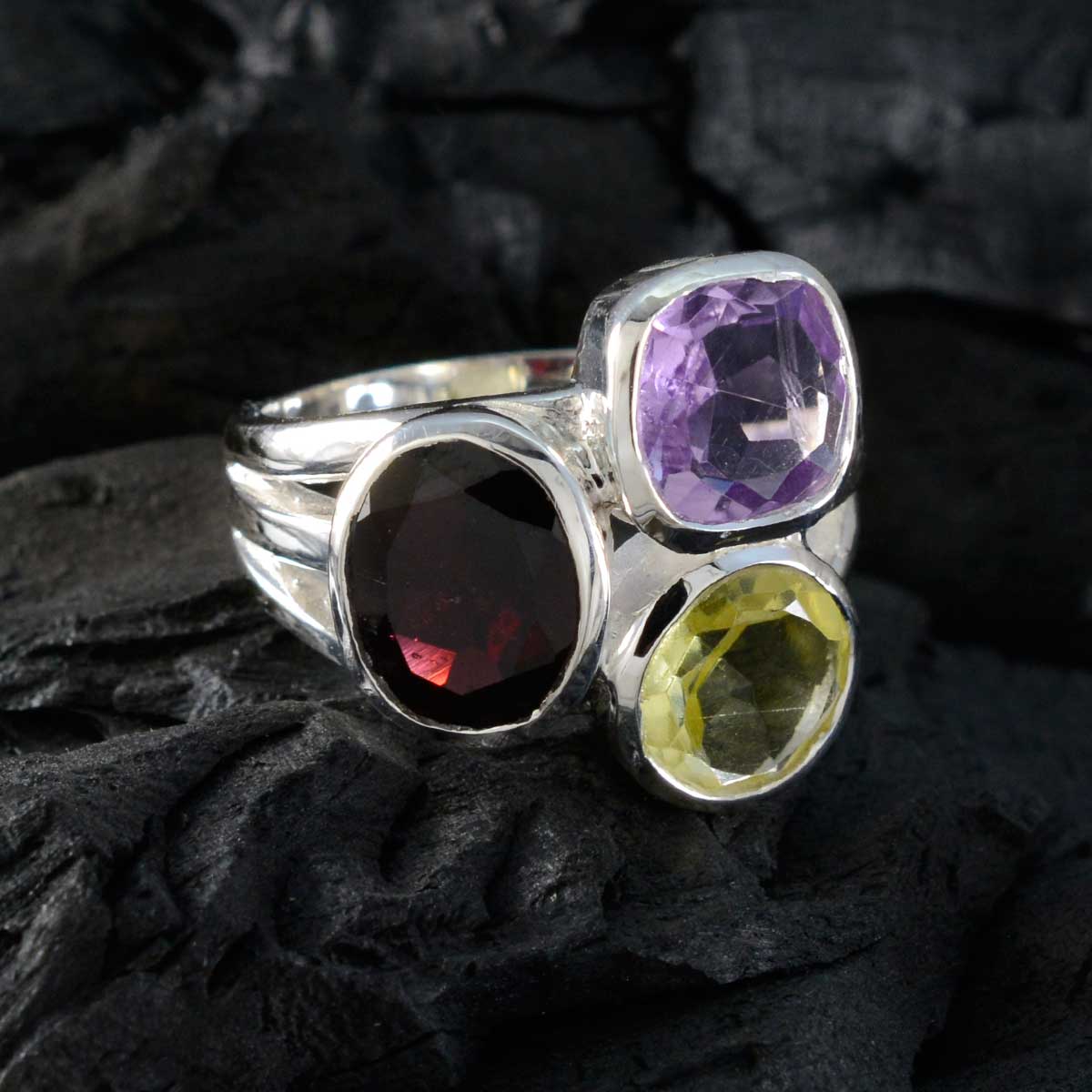 Multi Stone Trilogy German 925 Sterling Silver multicolor Gems Eye catching Cocktail Ring Jewellery
