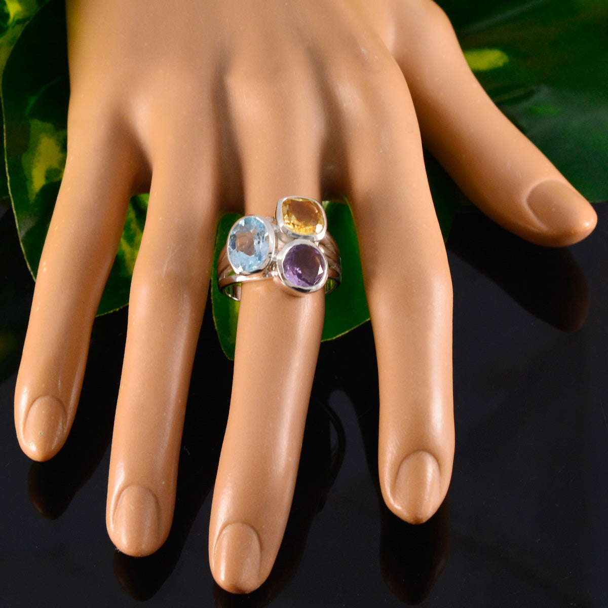 Multi Stone Trilogy Indian Silver multicolor Gemstone Eye catching Cocktail Ring Jewelry