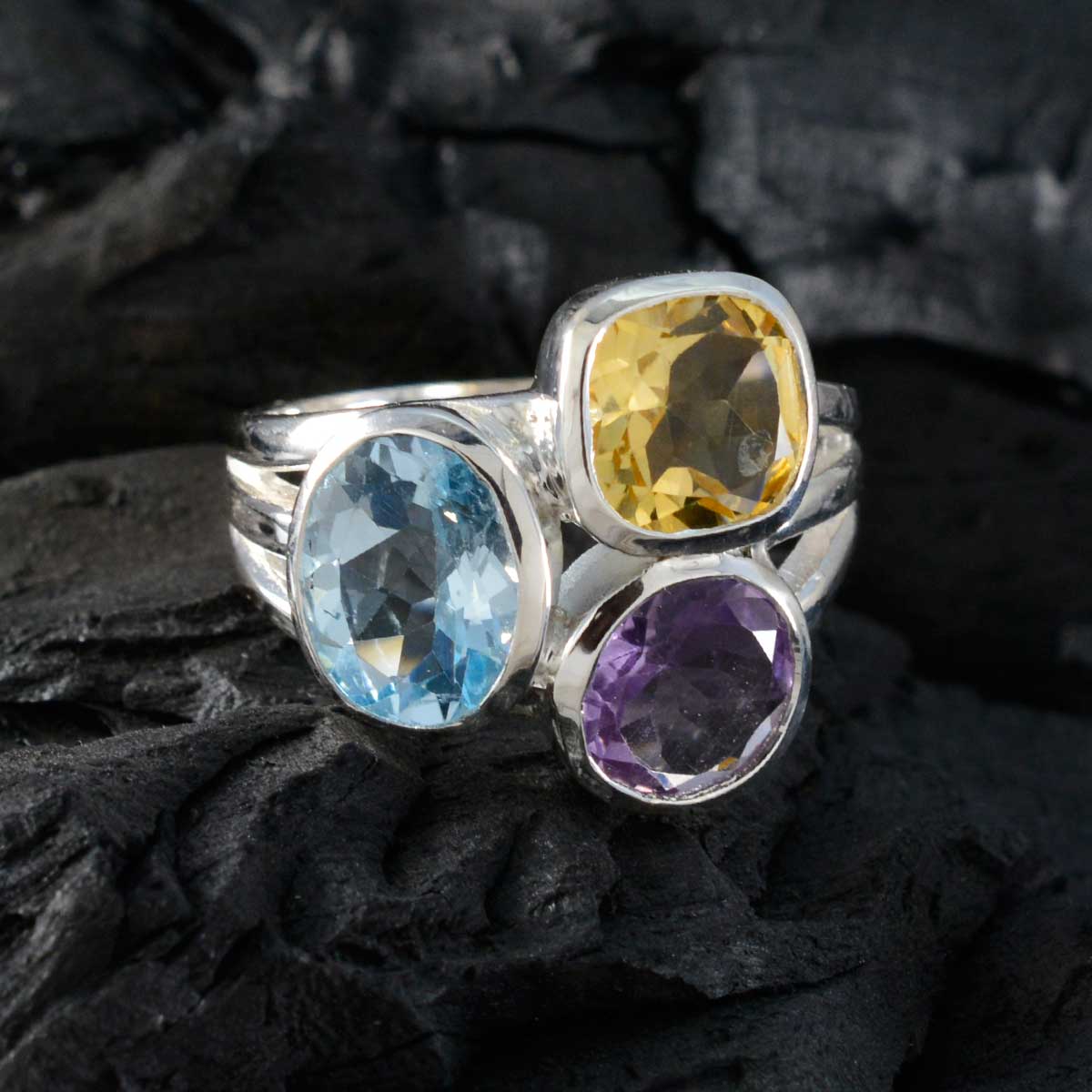 Multi Stone Trilogy Indian Silver multicolor Gemstone Eye catching Cocktail Ring Jewelry