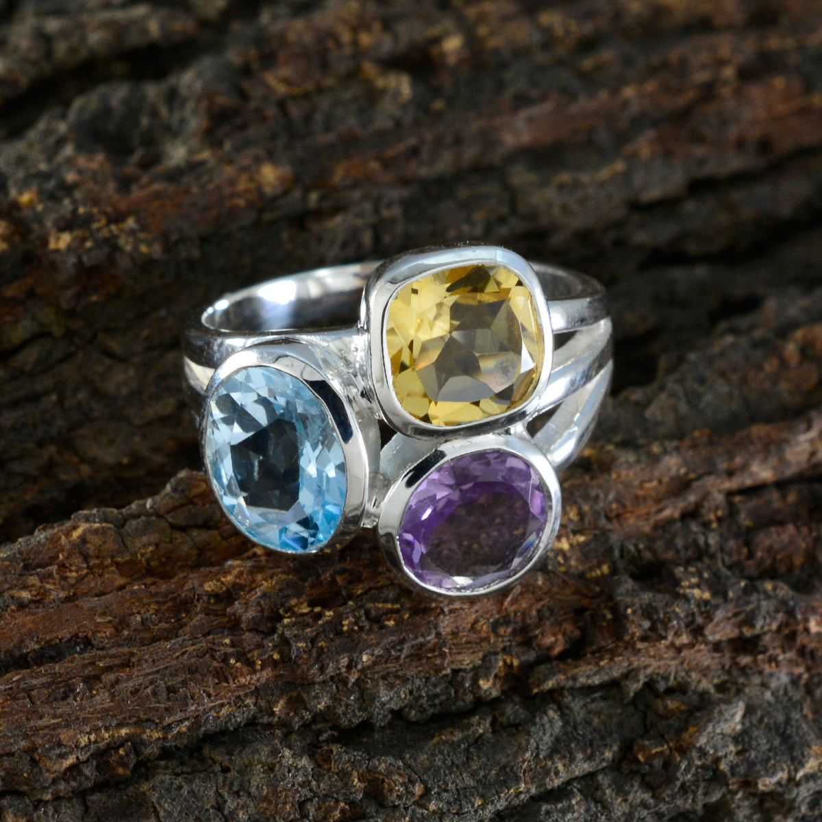 Multi Stone Trilogy Indian Silver multicolor Gemstone Eye catching Cocktail Ring Jewelry