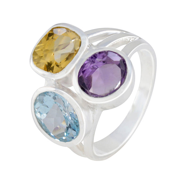 Multi Stone Trilogy Indian Silver multicolor Gemstone Eye catching Cocktail Ring Jewelry