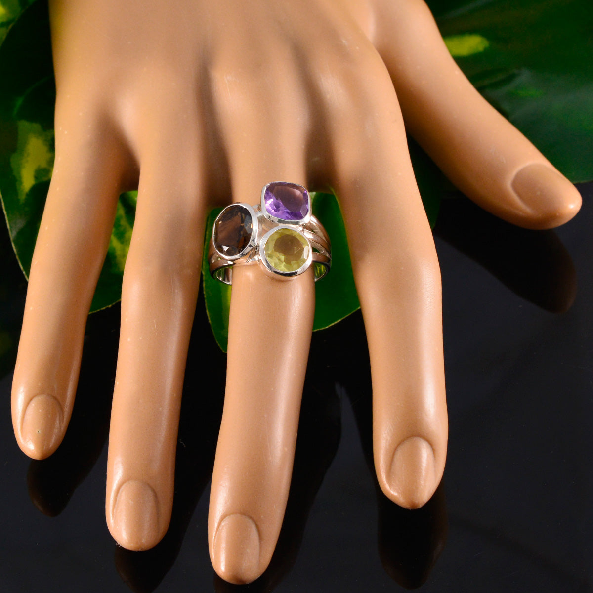 Multi Stone Trilogy African Sterling Silver multicolor Gemstones Eye catching Cocktail Ring Jewellery