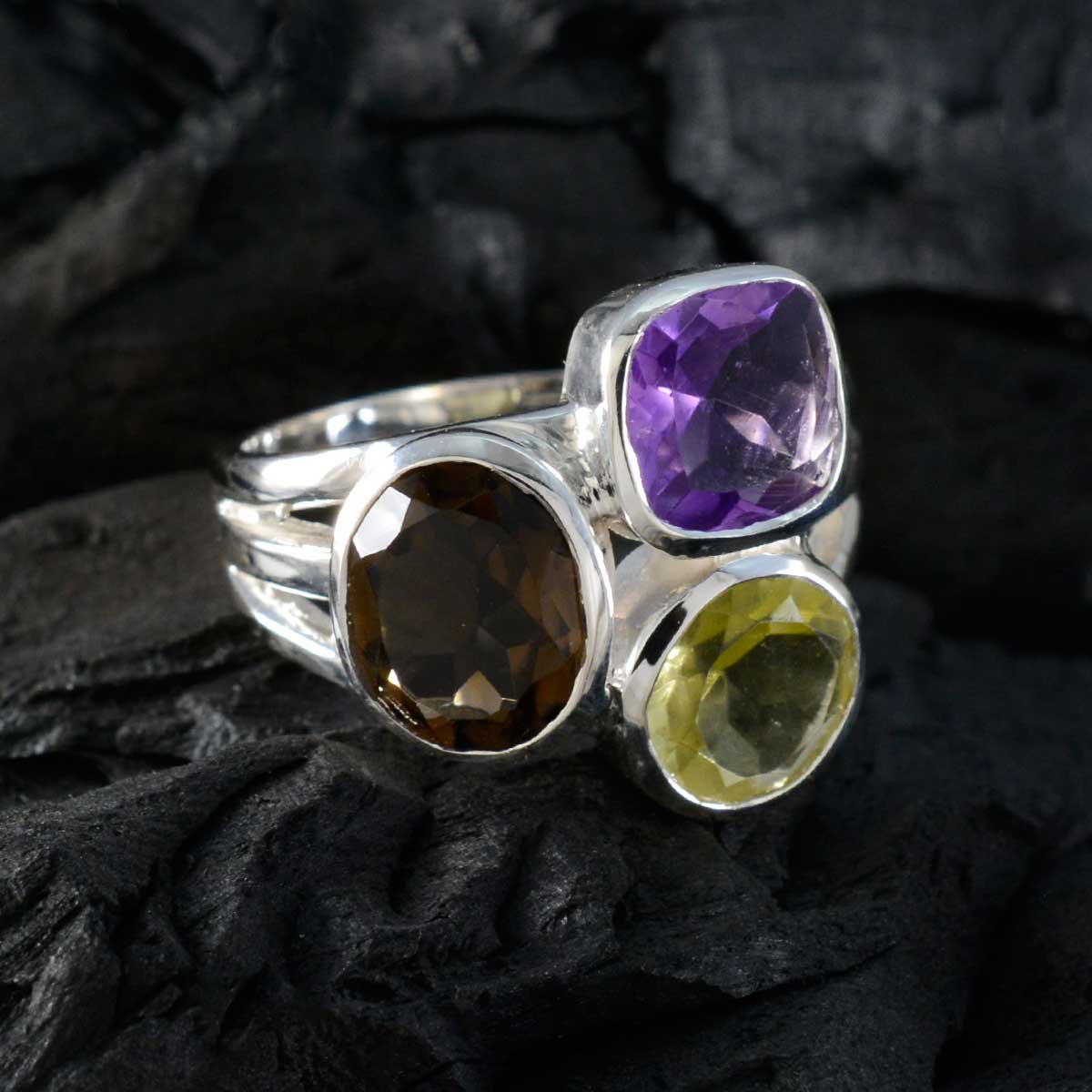 Multi Stone Trilogy African Sterling Silver multicolor Gemstones Eye catching Cocktail Ring Jewellery