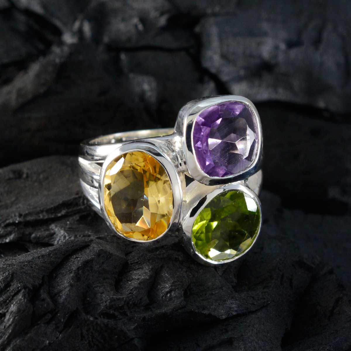 Multi Stone Trilogy Russian 925 Silver multicolor Gems Eye catching Cocktail Ring Jewelry