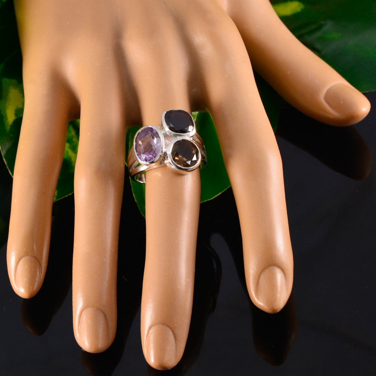 Multi Stone Trilogy Moroccan 92.5 Silver multicolor Gemstone Eye catching Cocktail Ring Jewellery