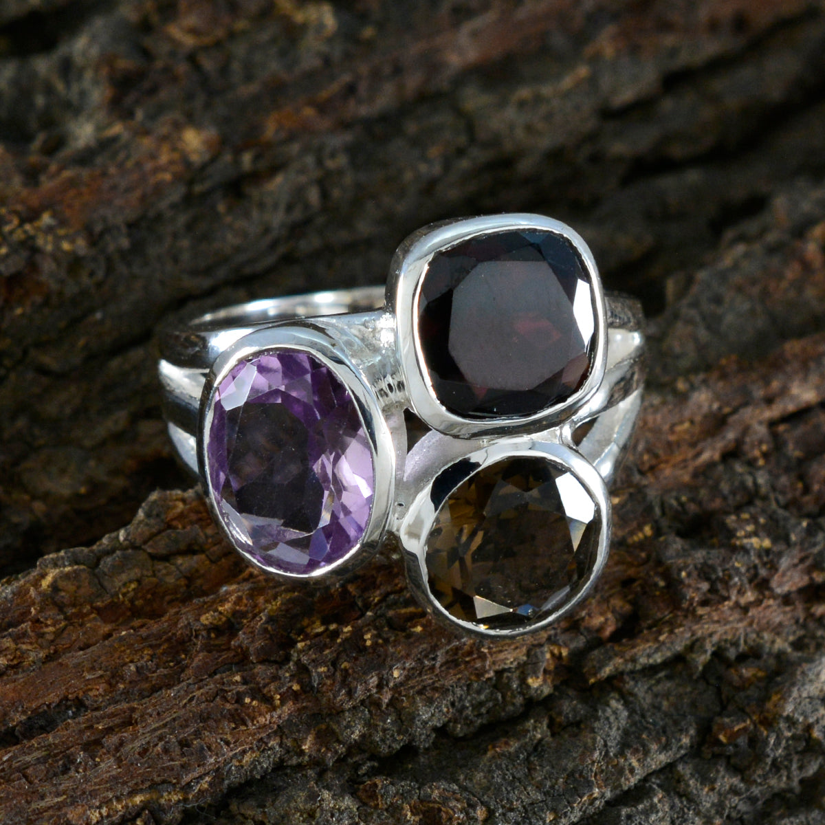 Multi Stone Trilogy Moroccan 92.5 Silver multicolor Gemstone Eye catching Cocktail Ring Jewellery