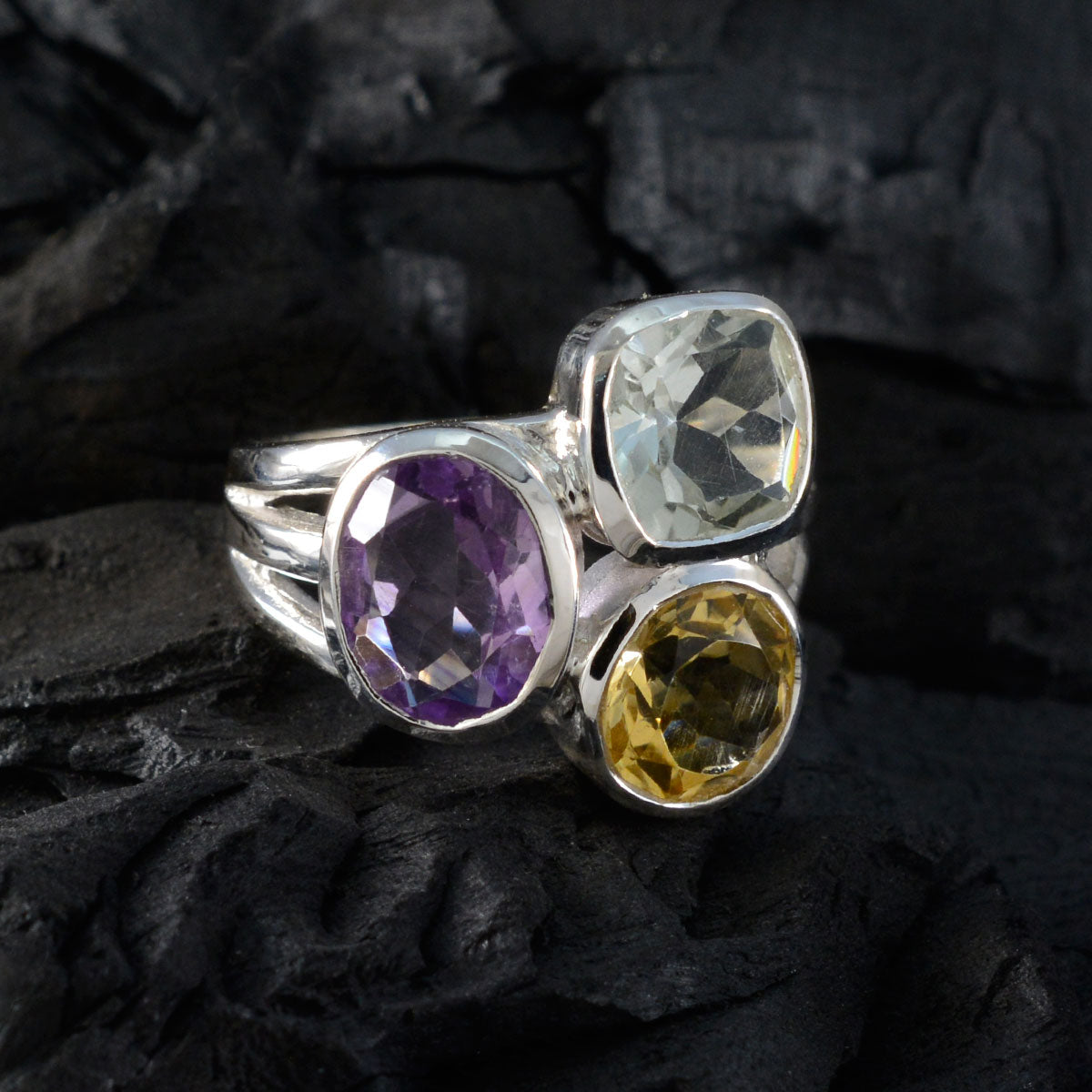 Multi Stone Trilogy Egyptian 925 Sterling Silver multicolor Gemstones Eye catching Cocktail Ring Jewelry