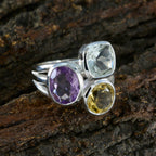 Multi Stone Trilogy Egyptian 925 Sterling Silver multicolor Gemstones Eye catching Cocktail Ring Jewelry